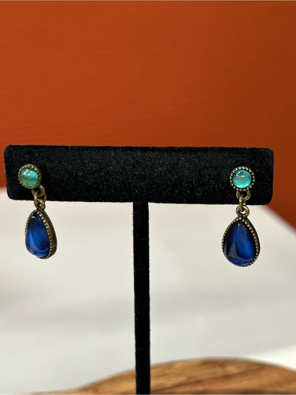 Gold-Tone Blue Teardrop Dangle Earrings with Green Accent